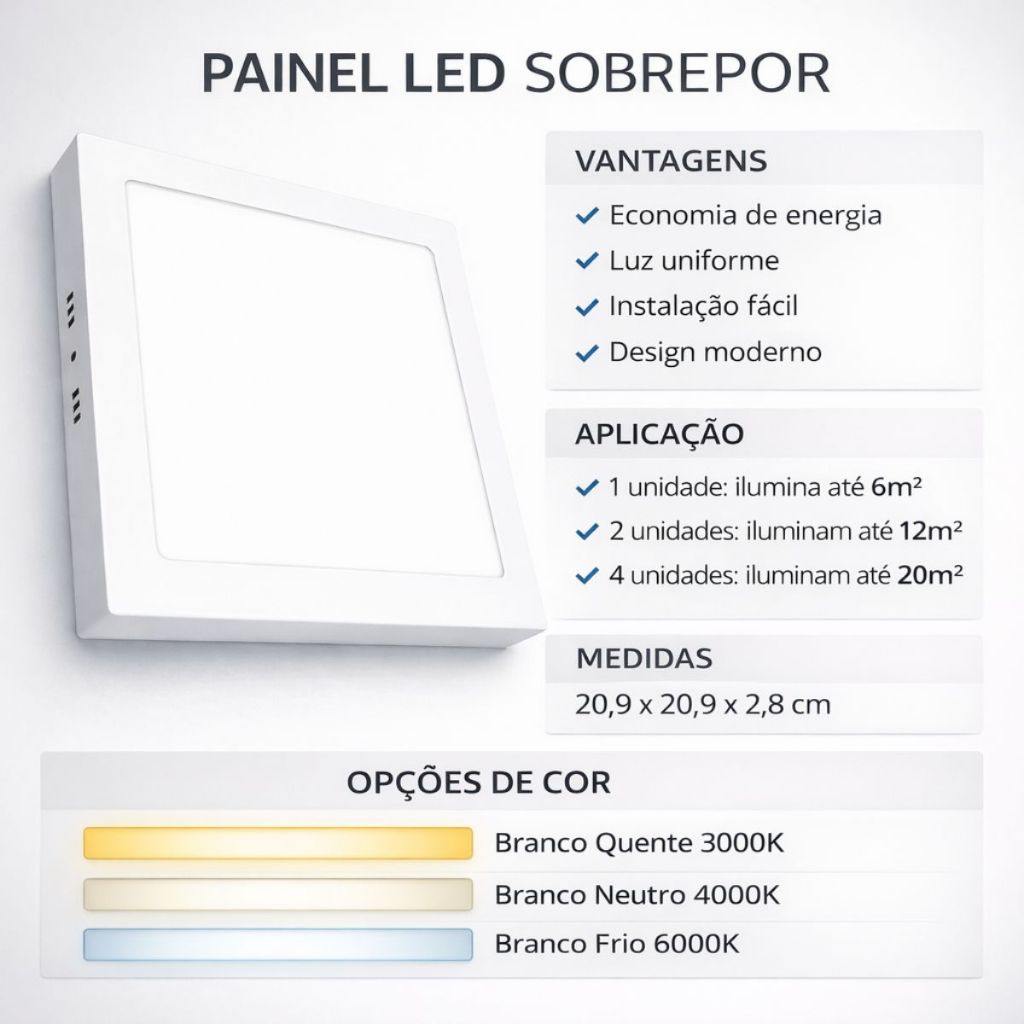 Painel Plafon Luminária de Teto Led De Sobrepor Quadrado 18w 22x22 3 opções de tonalidades