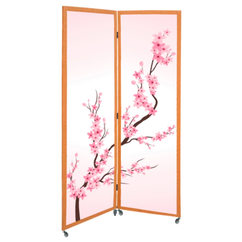 2 Biombo Inteiro Oriental Rodinha Separado Ambiente Divisória Divisor Flor Sakura Cerejeira Mdf Tecido Sanfonado Rodízio