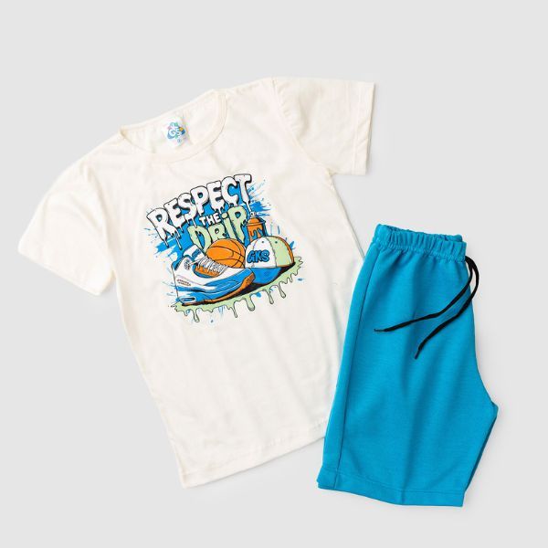 Conjunto Infantil Juvenil Verão Menino Camiseta Manga Curta 100% Algodão Estampa Divertida e Bermuda Moletinho Colorida