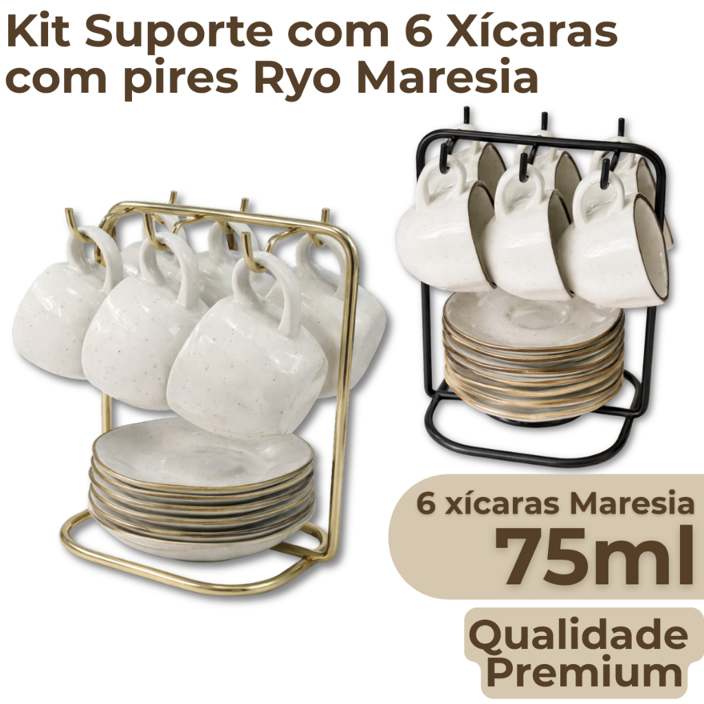 Kit Suporte Organizador Com 6 Xícaras Café Chá 75ml Maresia Oxford Porcelana