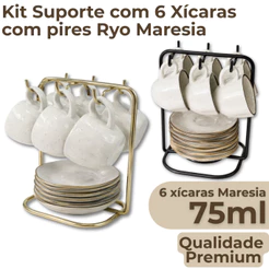Kit Suporte Organizador Com 6 Xícaras Café Chá 75ml Maresia Oxford Porcelana