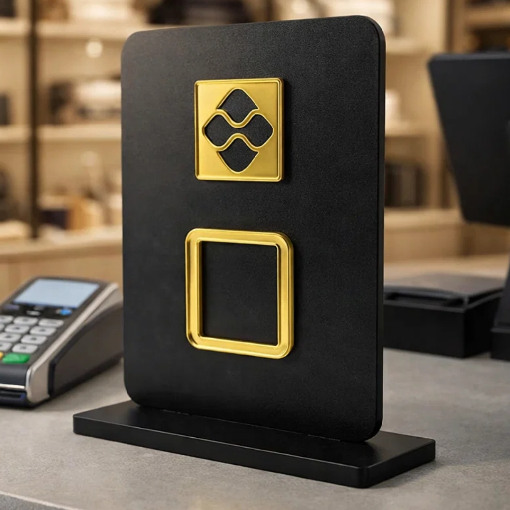 Placa PIX em Acrílico  PRETO E DOURADO, QR CODE Display Mesa Lojas Comercio Salão Barbearia