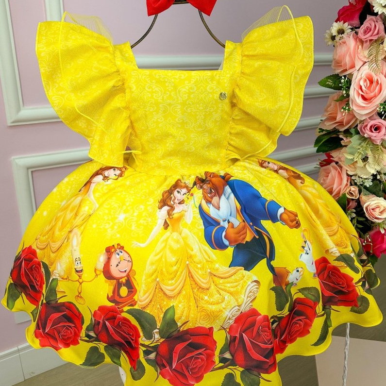 Vestido A Bela e a Fera Infantil Temático Aniversário Kids Festas Bela e a Fera TemáticaInfantil