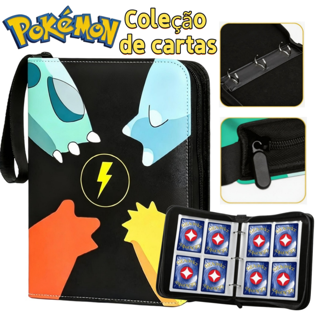 Porta Cartas Pokémon 400 Cartas com Zíper Proteção Total Capa Couro Impermeável Anti Queda Coleção Cartas