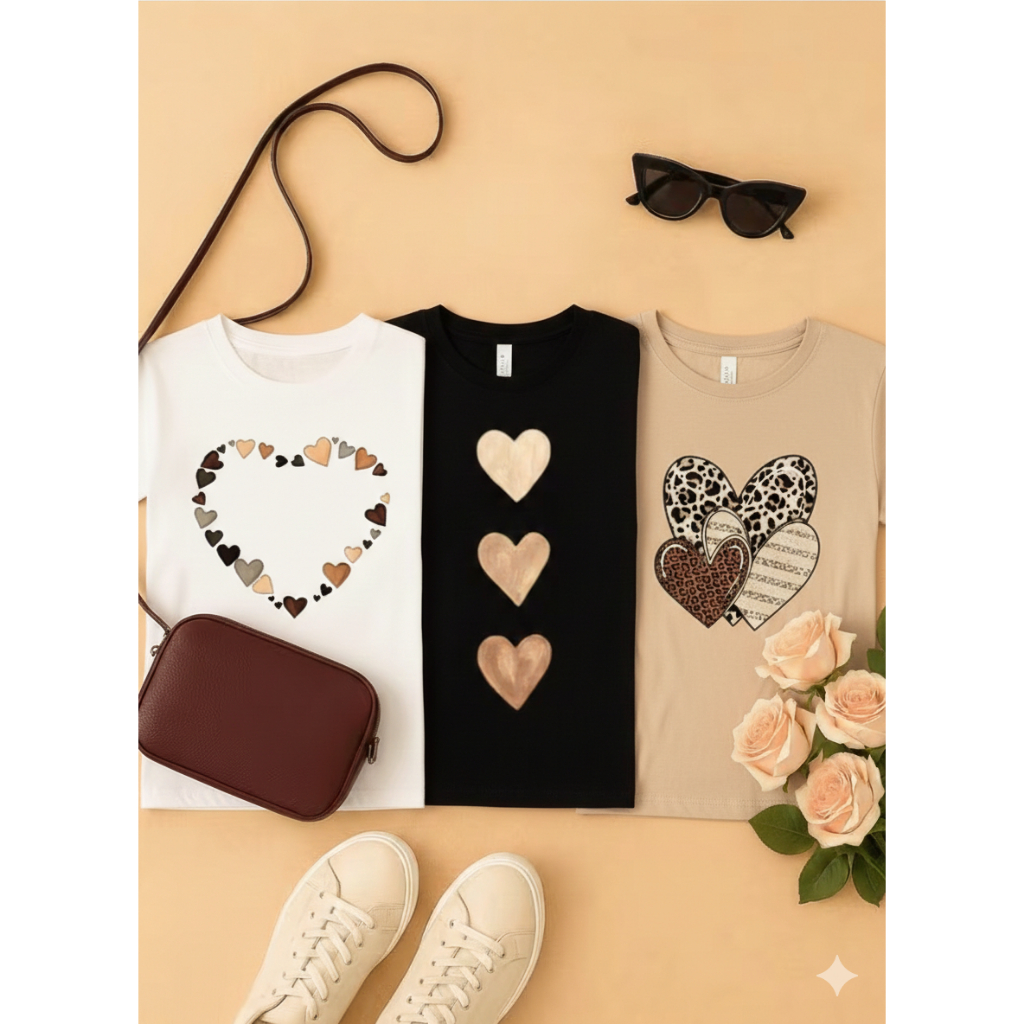 Kit 3 Camiseta Algodão Adulto Feminina 3 Coração Onça Estampa Streetwear 68 — imagem 2 de 2