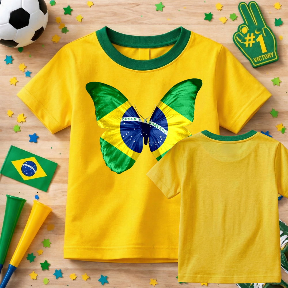 Camiseta Infantil Menina Estampada Borboletas Copa Do Mundo Algodão Macio Lançamento Crianças
