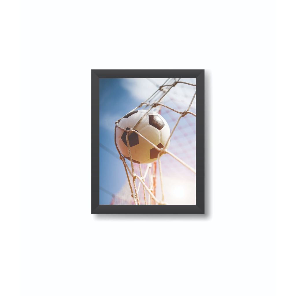 Quadro Decorativo Futebol Gol Bola Chuteira Jogadores Moldura 20x30cm Madeira Vidro Preta
