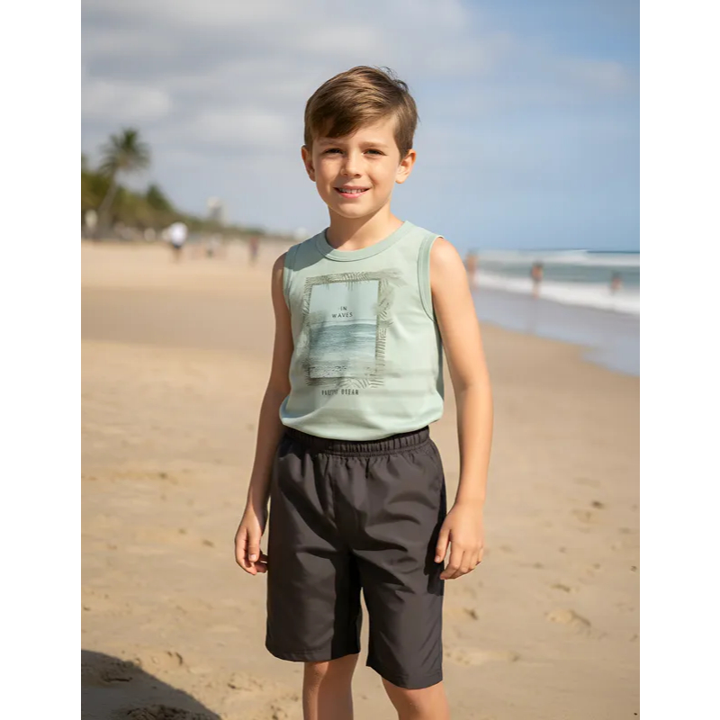 Conjunto Infantil Masculino, Camiseta regata em algodão e bermuda em Tactel, tamanho 10, marca Elian
