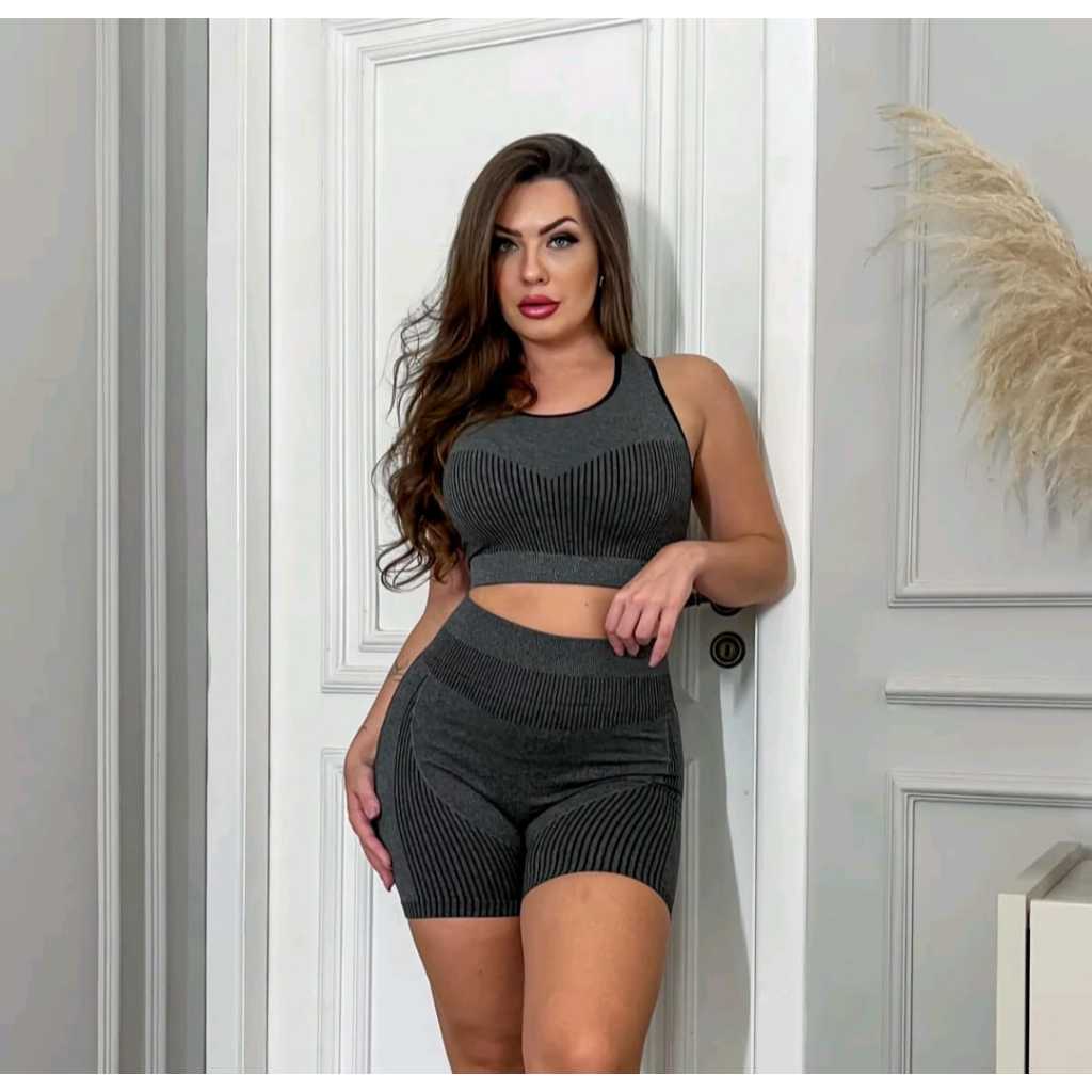 Conjunto Academia Fitness Feminino Leggings 1 Top 1 Shorts Levanta Bumbum Sem Costura E Bojo