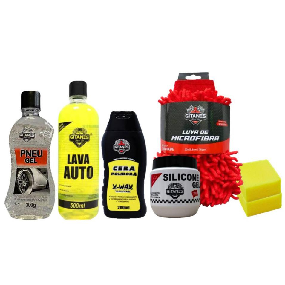 Kit Limpeza Automotiva- Lava Auto, Gel para Pneu, Cera Polidora e Silicone em Gel