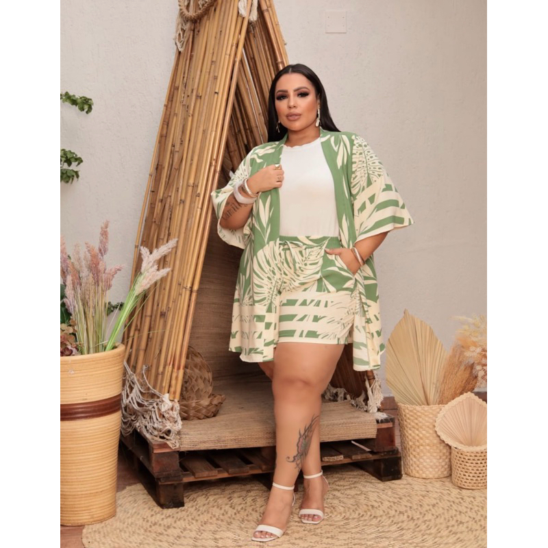 conjunto  verão shorts e kimono em viscolinho plus size
