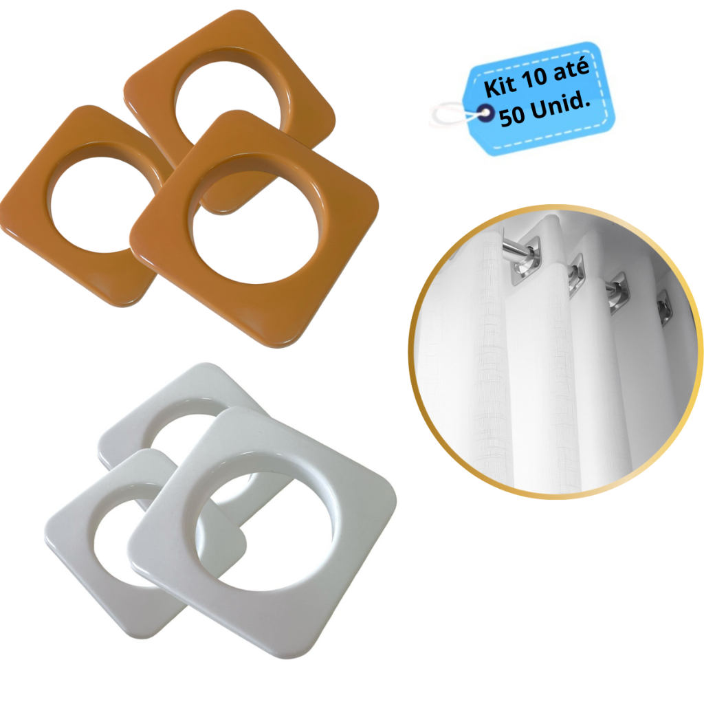 Kit Ilhós Quadrado 28mm Cortina Varão Comum Simples Argola Cor - 10 á 50 Un - Branco ou Cerejeira