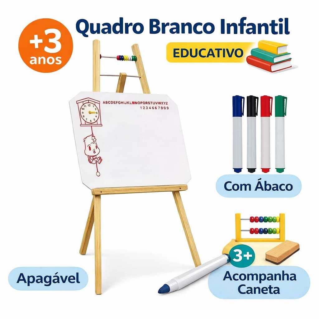Lousa Quadro Branco Infantil Com Cavalete + 4 Canetas + Apagador