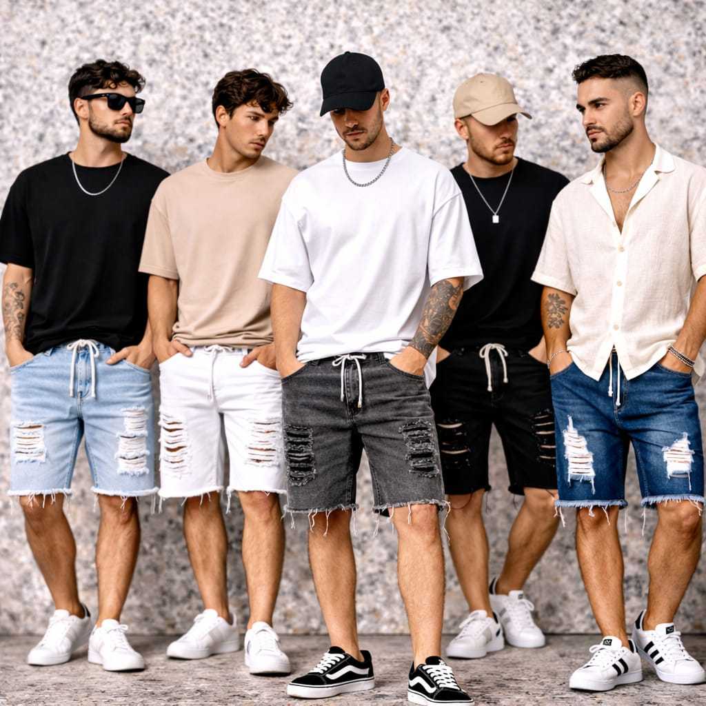 Kit com 5 Bermuda Jeans Masculina Rasgada Jogador Alto Padrão de Qualidade