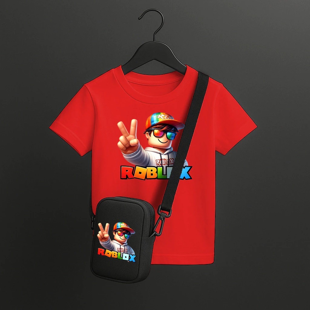 Kit Duas Peças Camiseta Infantil Roblox 1 + Shoulder Bag Camiseta Estilosa e Bolsa Gamer Personagem