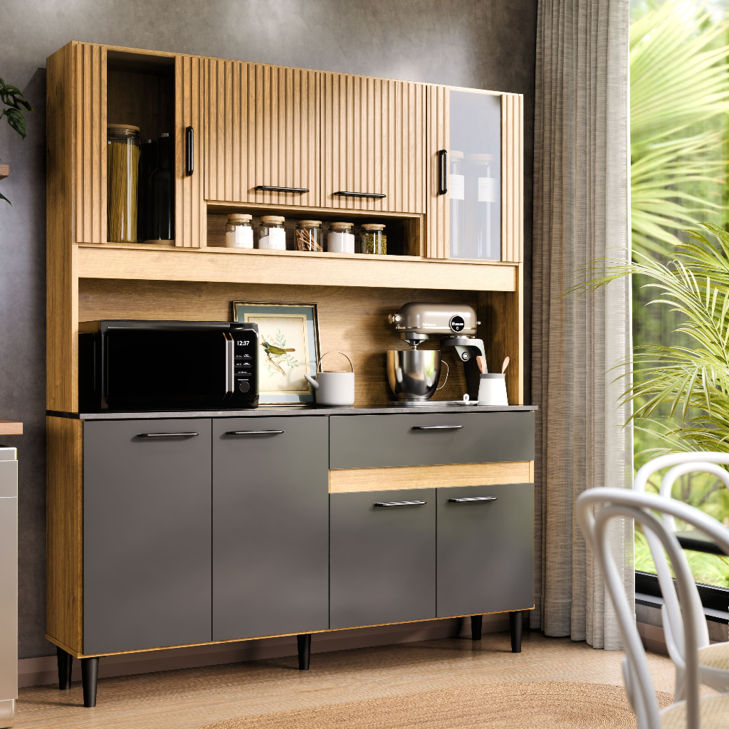 Armário de Cozinha Completa Coral 120cm Com Balcão de 8 Portas e Gaveta Compacta Com Detalhe em Vidro