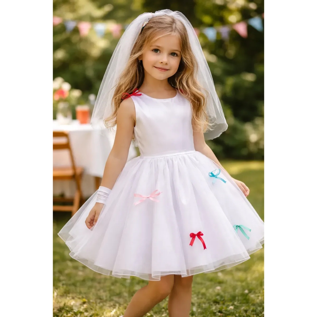 Vestido De Noiva Caipira Festa Junina Com Luva E Véu Curto Infantil