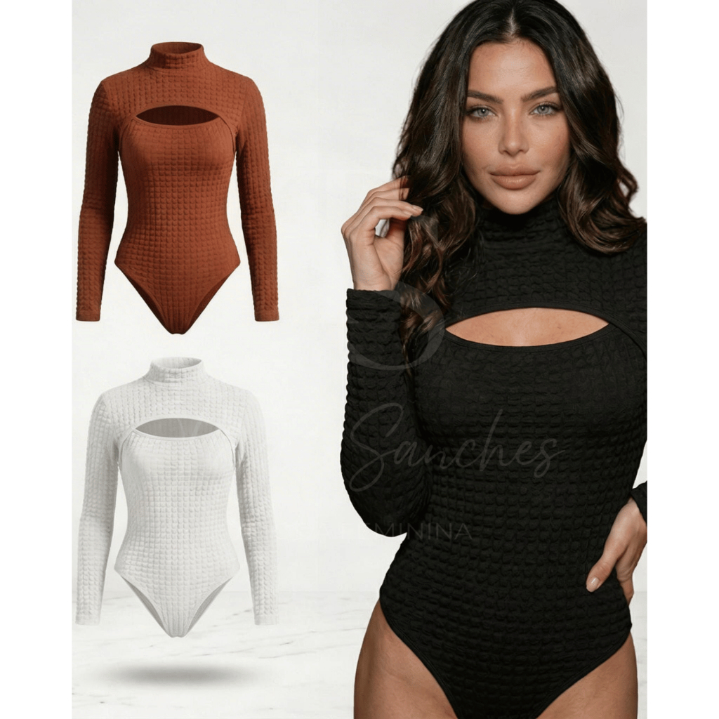 Kit 2 Body Feminino Manga Longa Gola Alta Decote Bubble Ajuste Perfeito Outono Inverno