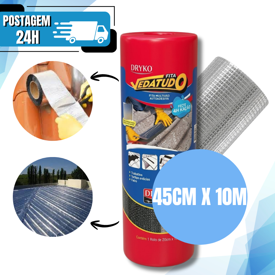 Manta Asfáltica Metalizada 45CM X 10M Auto Adesiva Vedação Telhas Laje Vedatudo Vários Tamanhos