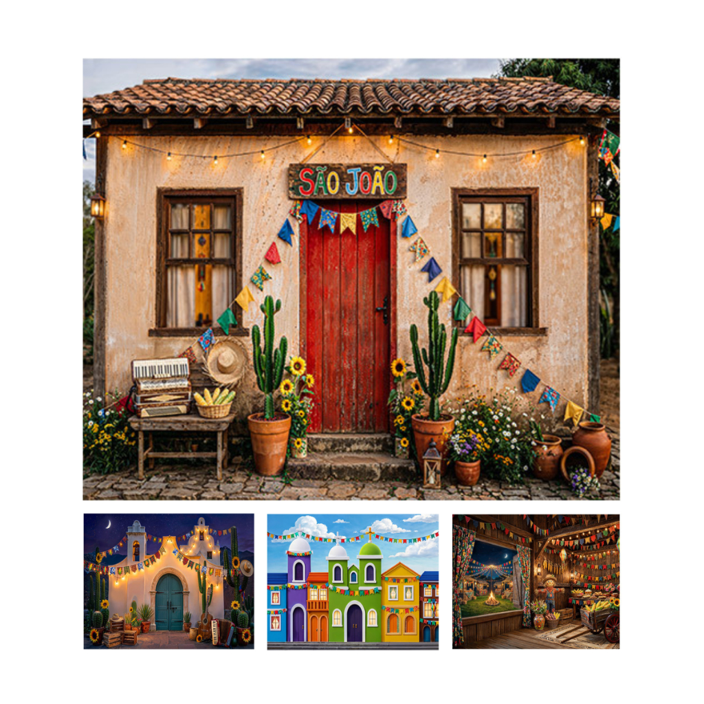 Fundo Fotográfico Horizontal Tecido para Ensaios Fotos Arraiá Cenário 3D Junino 3,00x2,50