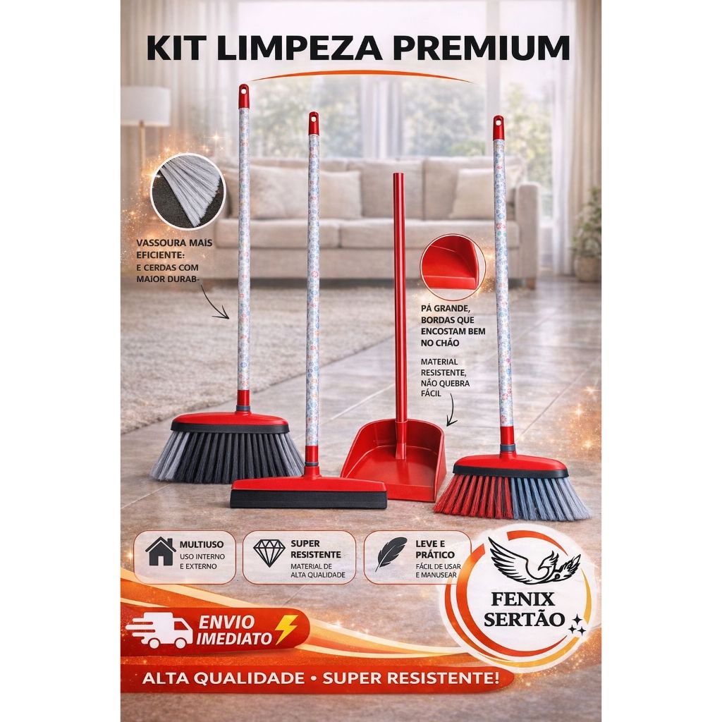 Kit Limpeza Premium 4 Peças com Cabo – 2 Vassouras + Rodo Duplo + Pá | Alta Qualidade
