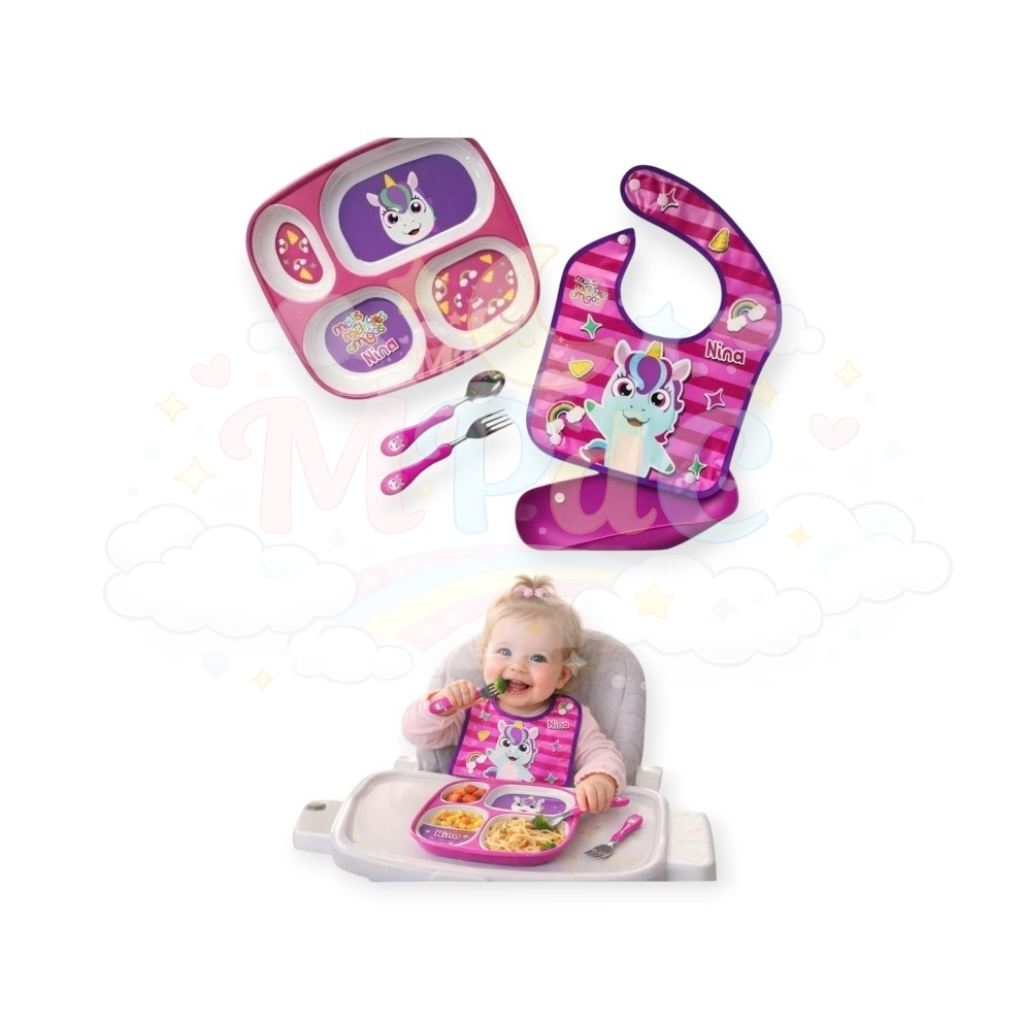Kit infantil com 4 pçs feminino/menina p refeição prato c divisórias babador papa migalhas talheres