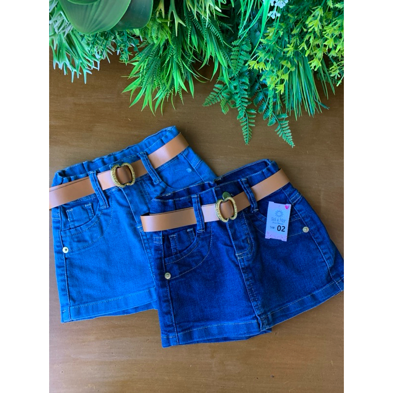 Short Saia Infantil Jeans com Elastano + Cinto Grátis - Tamanho 2 ao 10 - Com Regulagem Interna