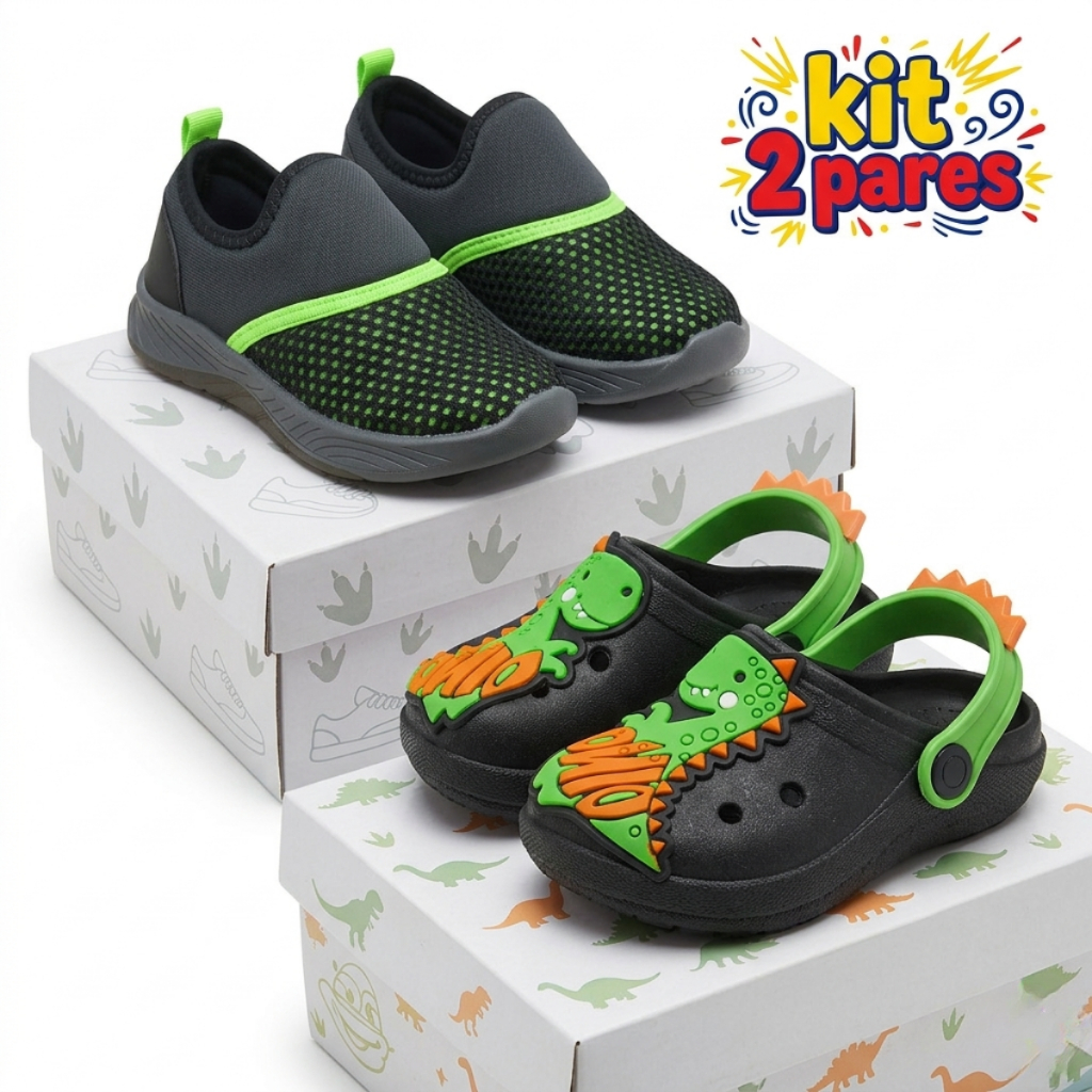 Kit Tênis Calce Fácil Infantil Menino & Sandália Babuche Confortável Antiderrapante