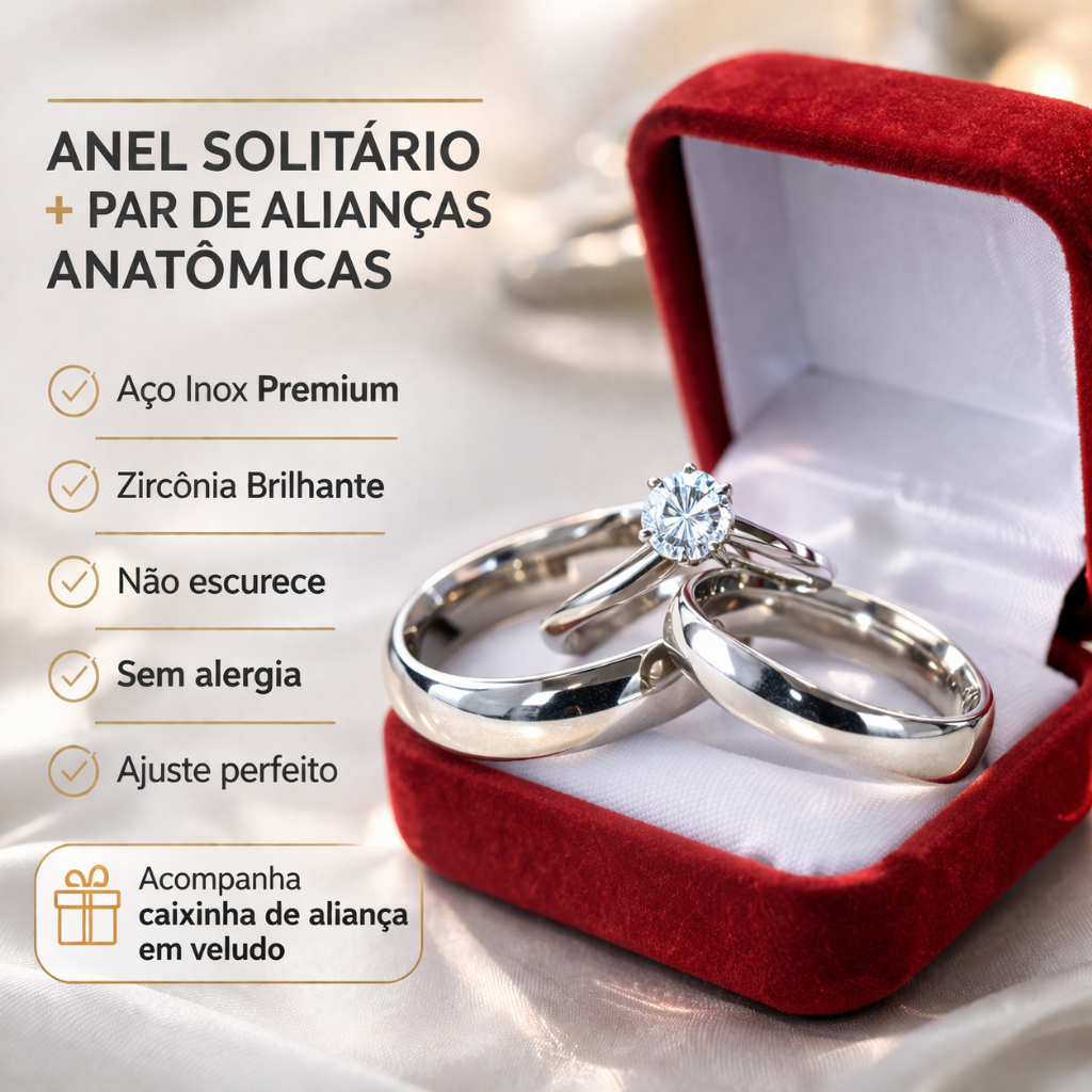 Aliança de Namoro Par de Aliança de Namoro e Compromisso Anatômicas Aço Lisa + Solitário Prata  e caixinha de veludo
