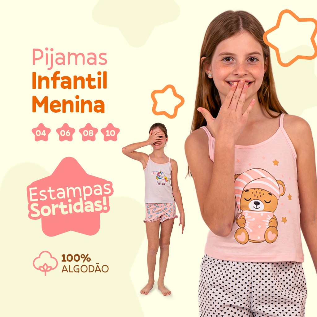 Kit 3 Pijamas Infantil Menina Feminino 100% Algodão Alcinha e Shorts Estampado Sortido Verão