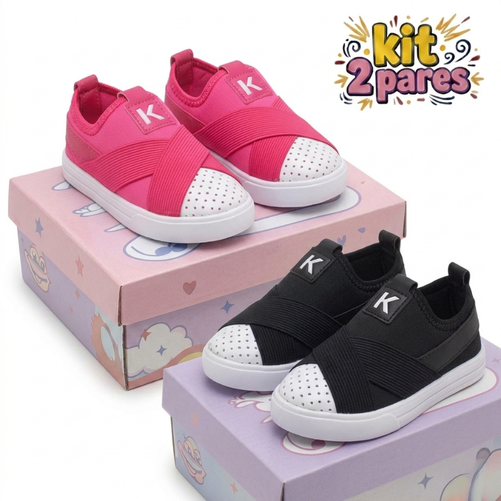Kit 2 Tênis Menina Infantil Calce Fácil Elástico Confortável Antiderrapante