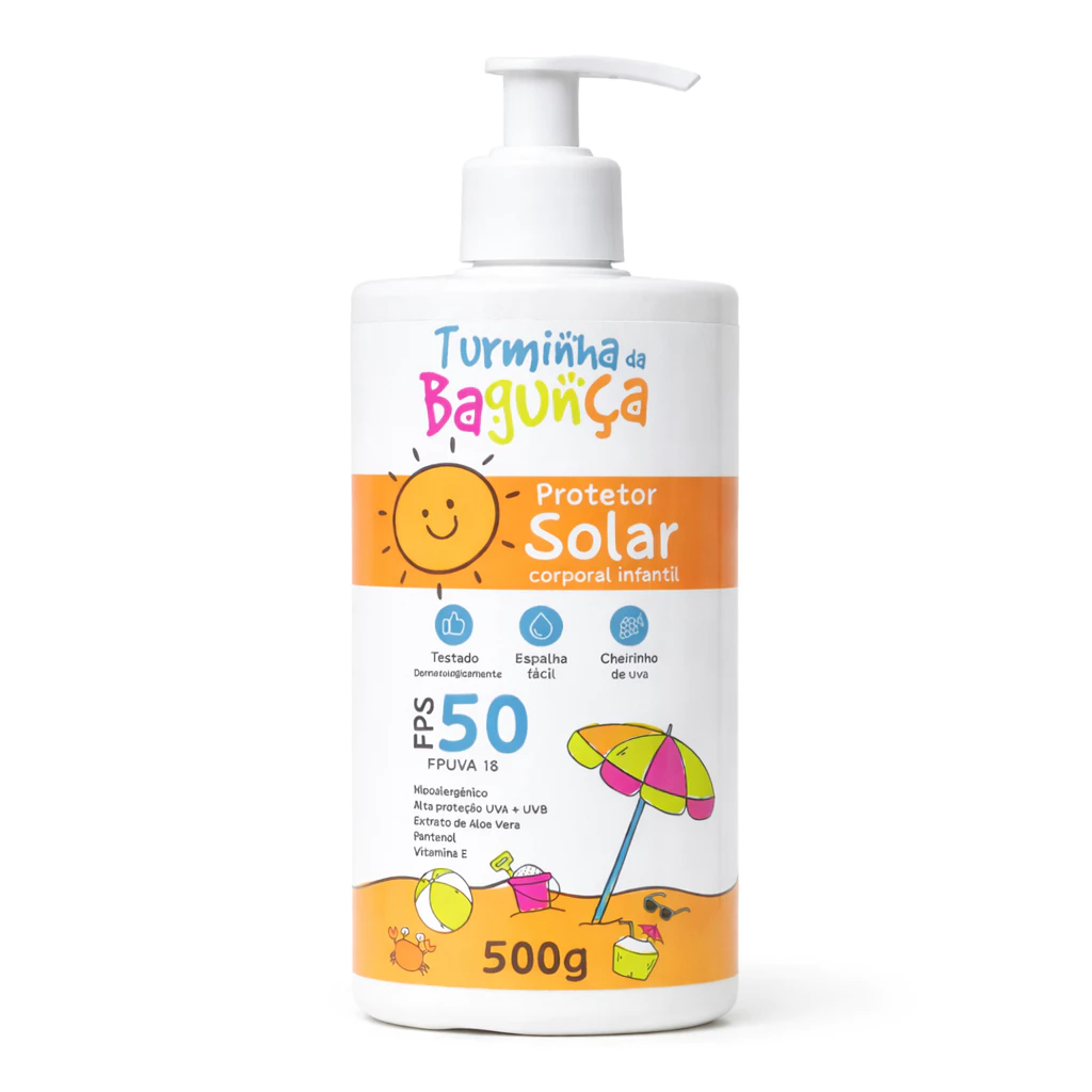 Protetor Solar Infantil FPS 50 Turminha da Bagunça UVA+UVB – Cheirinho de Uva – 200g e 500g — imagem 1
