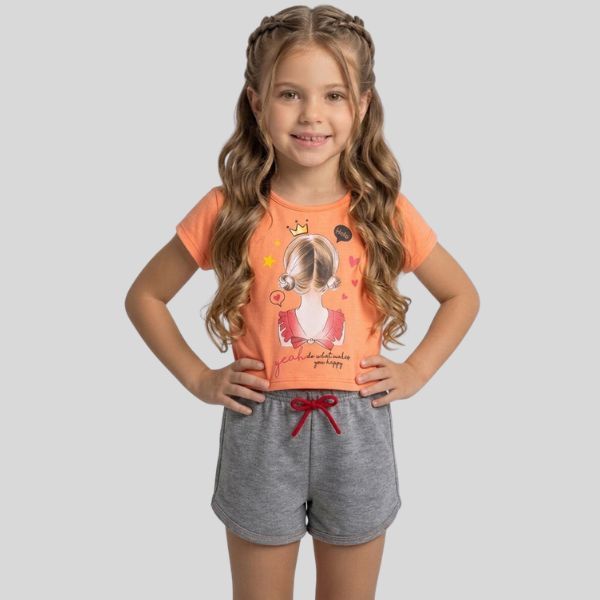 Conjunto Infantil Menina Cropped Algodão Estampado + Shorts Moletinho Roupa Infantil Feminina Confortável Verão