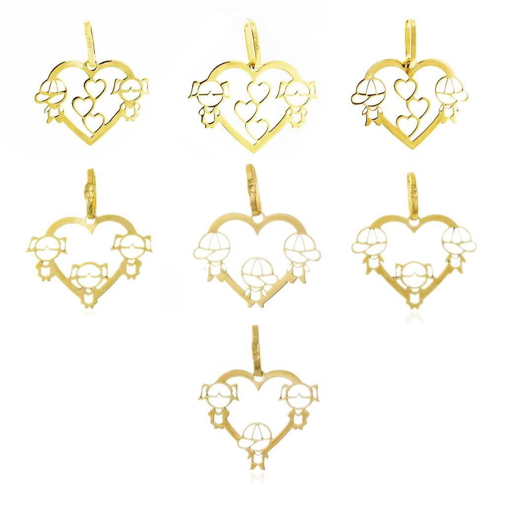 Pingente Coração Ouro 18k Casal Menino ou Menina - Elluxe Joias