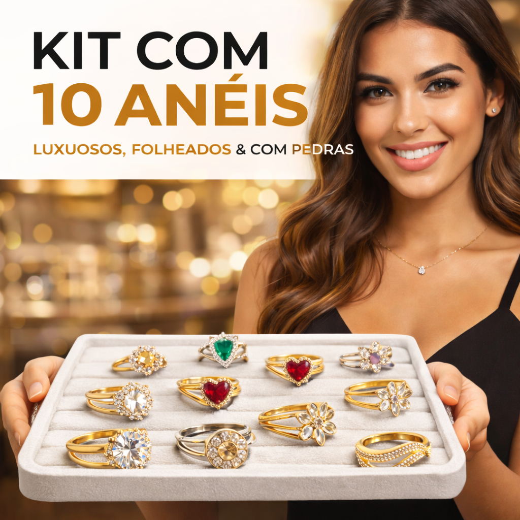 KIT 10 ANÉIS LUXO FOLHEADOS 💎 + PEDRAS BRILHANTES | GARANTIA DE 1 ANO