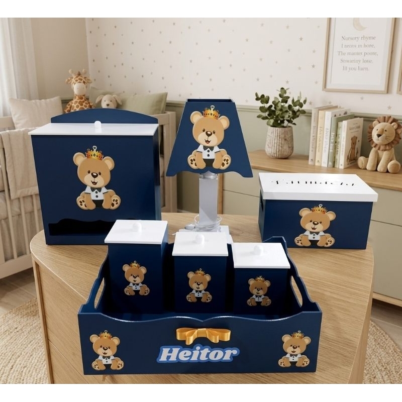 kit higiene bebê ursinho príncipe azul escuro com branco em MDF personalizado