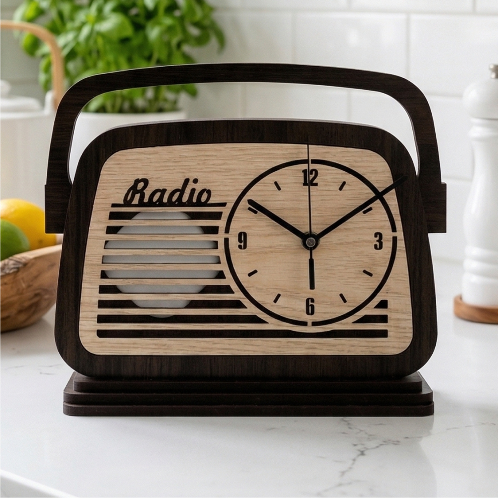 Relógio de Mesa Retrô Estilo Rádio Vintage Madeira Laminada Decoração Sala Escritório Quarto 30cm