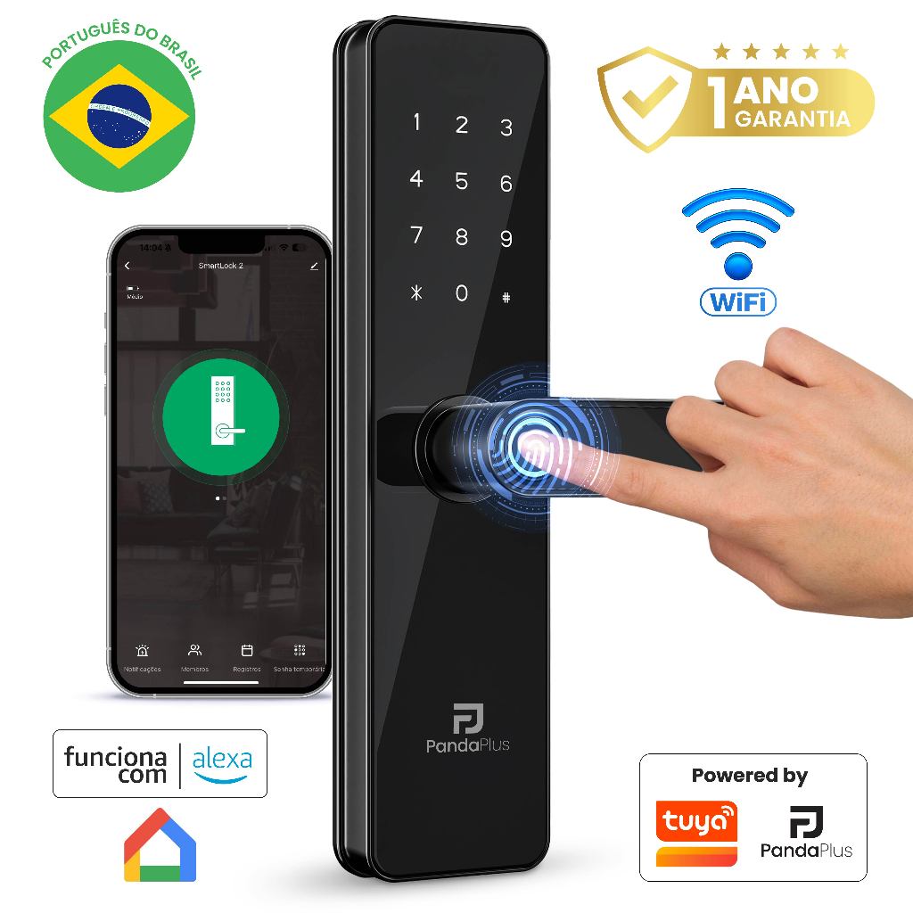 Fechadura Digital WiFi Aluminium Premium Tuya PandaPlus Biométrica Digital Inteligente Porta Tuya Senha Chave Tag Airbnb