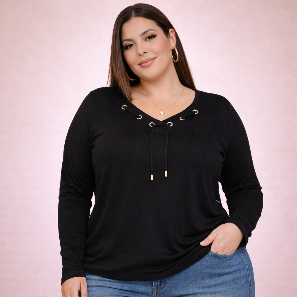 Blusa Feminina Manga longa Decote V Ilhós Plus Size 42 ao 52  Inverno 2026