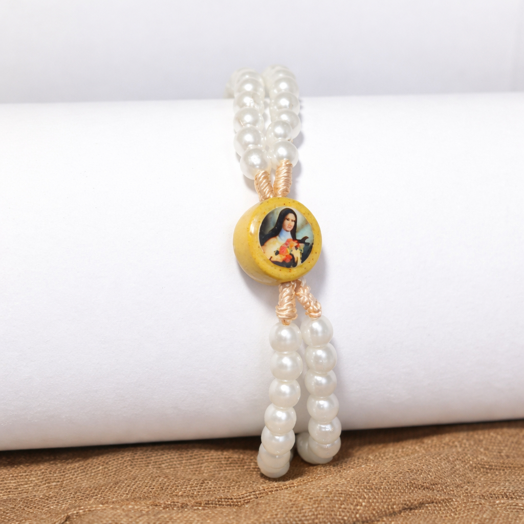 Pulseira Terço Santa Terezinha Menino Jesus Perolado Branco 1 Cm 20 Cm