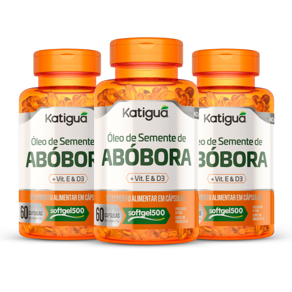 Kit 1, 2, ou 3 Potes Óleo de Semente de Abóbora Vitamina D3 e E 866mg 60Cápsulas