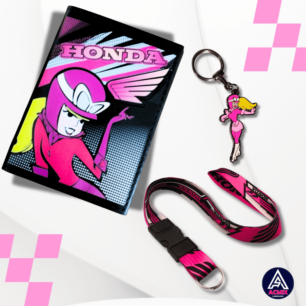 Kit Carteira Porta Documentos Moto Honda Penélope + Cordão Rosa com Engate Rápido + Chaveiro de Metal Penélope Rosa