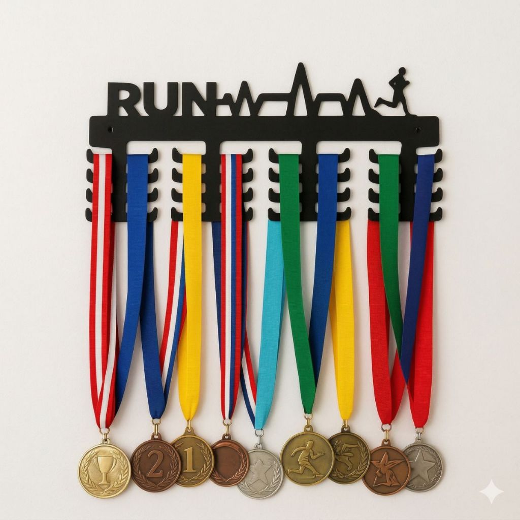 Porta Medalhas Corrida RUN MDF Preto | Capacidade 32 Unidades