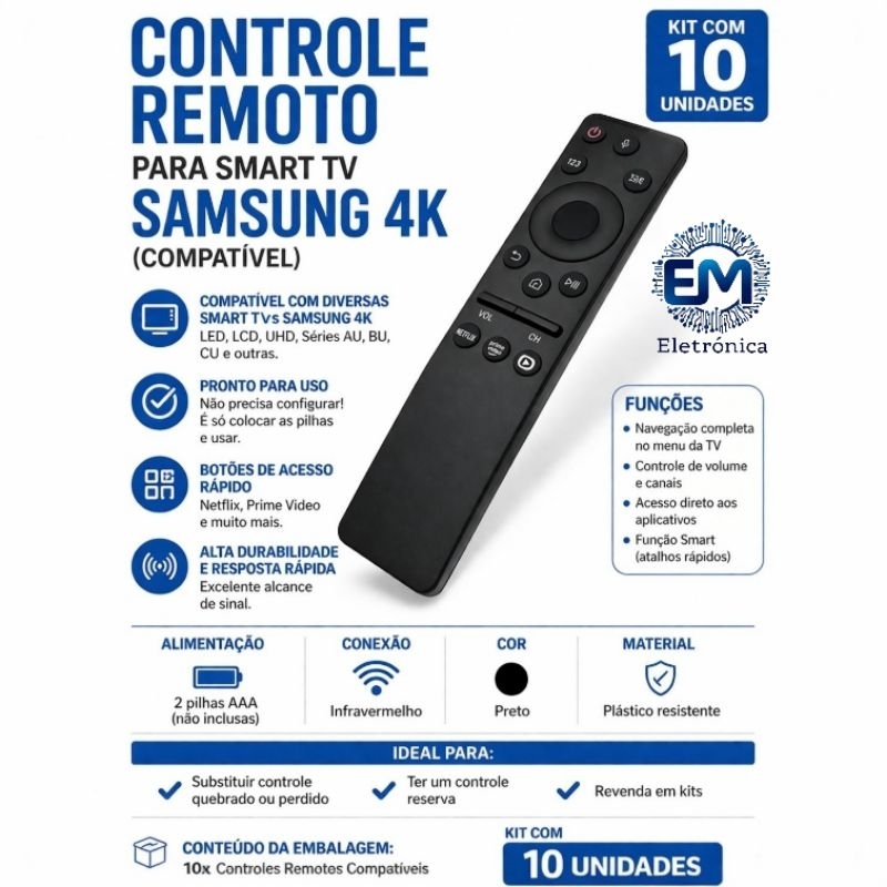 10 Controle Remoto Para Smart Tv Compativel Samsung 4k - Substituto Compatível