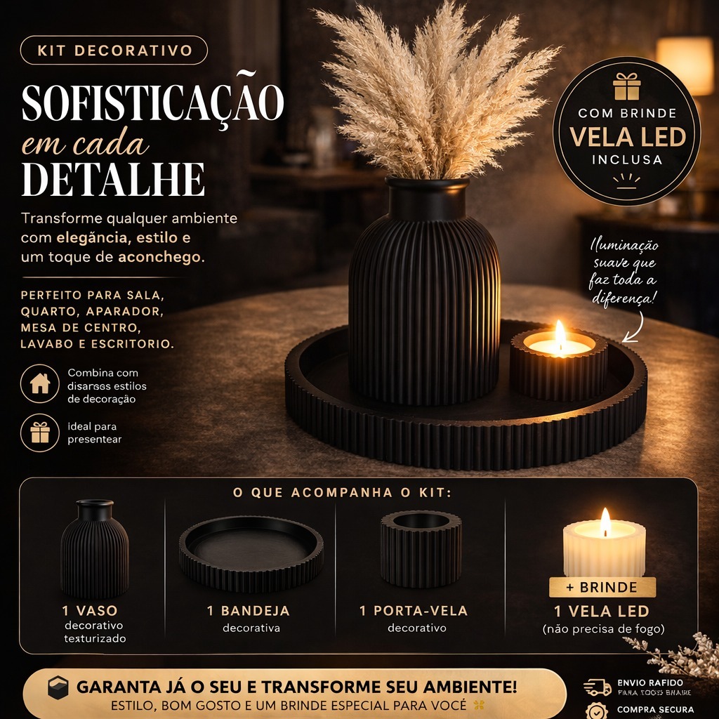Kit Vaso + Bandeja + Porta-Vela - Decor Elegance com Vela LED (Impressão 3D)