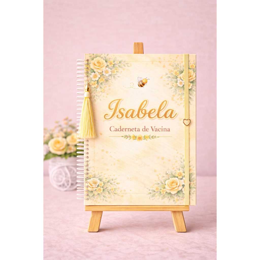Caderneta de Vacinação Personalizada Floral Amarelo Menina com Nome - Capa Dura Bebê