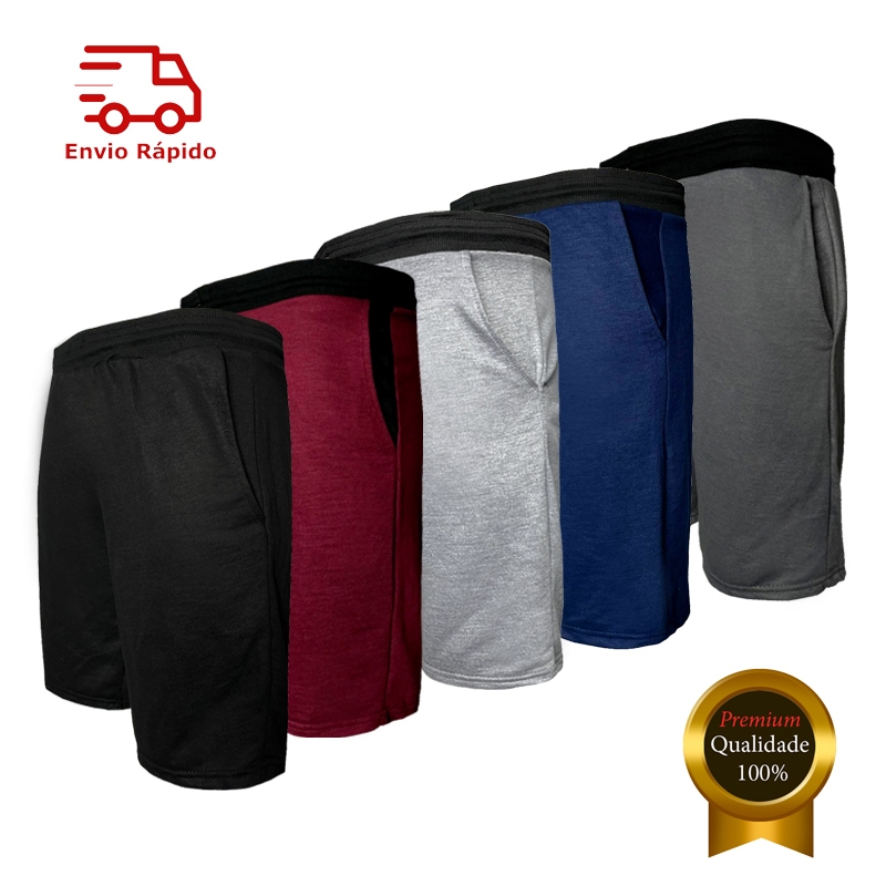 Kit 5 Bermudas Moletom Masculina Lisa e Listradas sem Cordão
