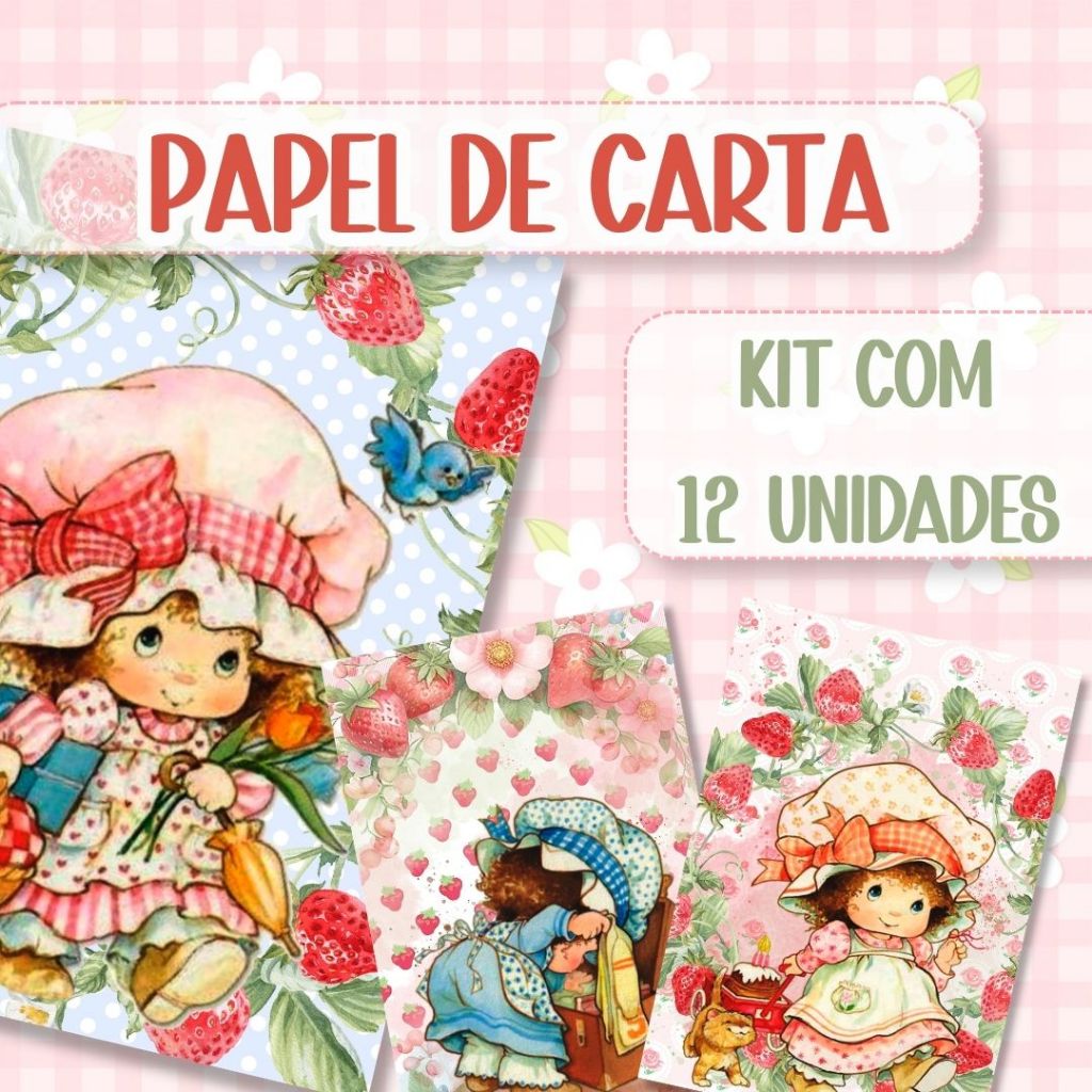 Papel de Carta Moranguinho Fofo Delicado Vintage 14x20cm Kit 12 Unidades Cartinhas Scrapbook