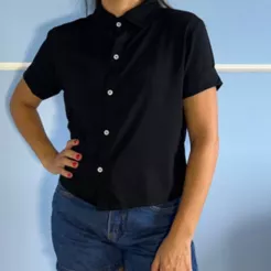 Blusa Camisa Feminina com Manga Curta e Botões Preto