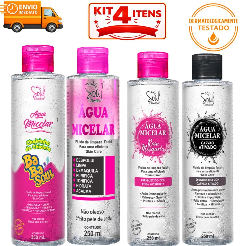 KIT 4 ÀGUA MICELAR  250 ml LIMPEZA COMPLETA ,SKIN CARA, ANTI OLIOSIDADE, TONIFICA HIDRATA A PELE, REMOVEDOR DE MAQUIAGEM